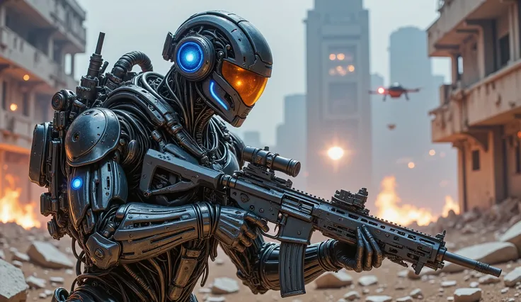pinkmechalux, A highly detailed futuristic sci-fi soldier in an intense combat scenario, wearing advanced power armor with a sleek metallic design and glowing blue energy lines. His helmet is equipped with an augmented reality HUD display, reflecting tacti...