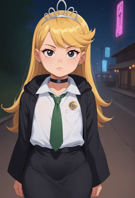 flat breasts. flat chest, skinny, huge hips, looking at viewer, 1o1a, blonde hair, tiara, Black eyes, earrings, necklace, choker. | masterpiece, best quality, dark theme, 1girl, 1990s \(style\), retro artstyle, cel shading \(2d\), grainy, neon lights, vhs ...