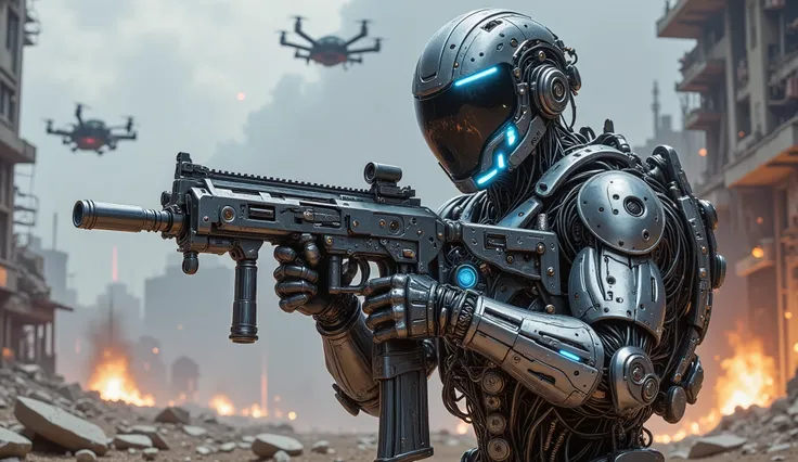 pinkmechalux, A highly detailed futuristic sci-fi soldier in an intense combat scenario, wearing advanced power armor with a sleek metallic design and glowing blue energy lines. His helmet is equipped with an augmented reality HUD display, reflecting tacti...