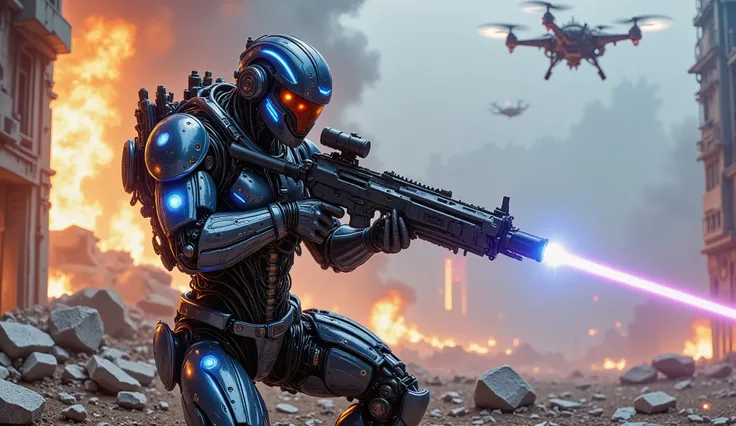pinkmechalux, A highly detailed futuristic sci-fi soldier in an intense combat scenario, wearing advanced power armor with a sleek metallic design and glowing blue energy lines. His helmet is equipped with an augmented reality HUD display, reflecting tacti...