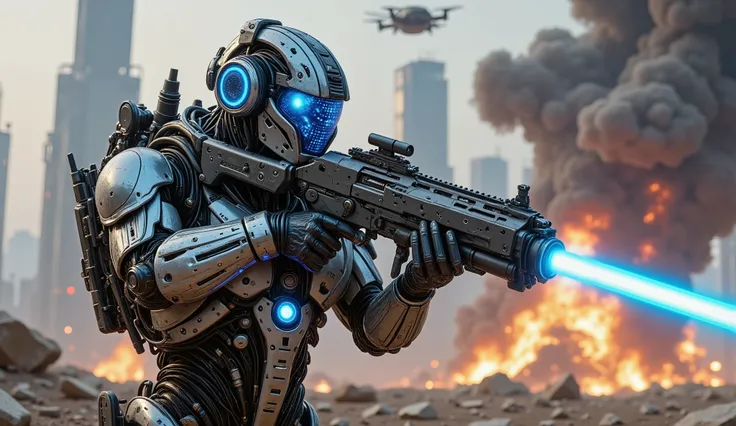 pinkmechalux, A highly detailed futuristic sci-fi soldier in an intense combat scenario, wearing advanced power armor with a sleek metallic design and glowing blue energy lines. His helmet is equipped with an augmented reality HUD display, reflecting tacti...