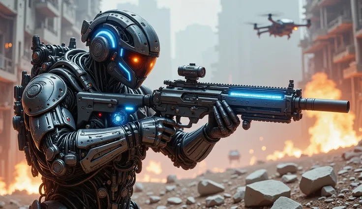 pinkmechalux, A highly detailed futuristic sci-fi soldier in an intense combat scenario, wearing advanced power armor with a sleek metallic design and glowing blue energy lines. His helmet is equipped with an augmented reality HUD display, reflecting tacti...