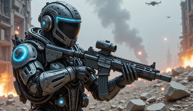 pinkmechalux, A highly detailed futuristic sci-fi soldier in an intense combat scenario, wearing advanced power armor with a sleek metallic design and glowing blue energy lines. His helmet is equipped with an augmented reality HUD display, reflecting tacti...