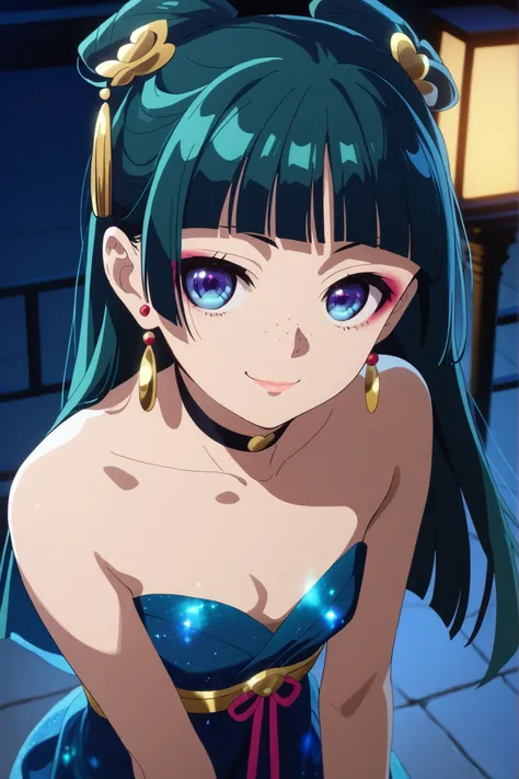 1girl, Mao Mao, solo,  green hair, long hair, blue eyes, Break up your blunt bangs, earrings, gem, freckles, straight hair, hair hanging over shoulders, hair ornament,  makeup, pink eyeliner, rose twin-tail,, small breasts, Pale skin,    dynamic angle, Tak...