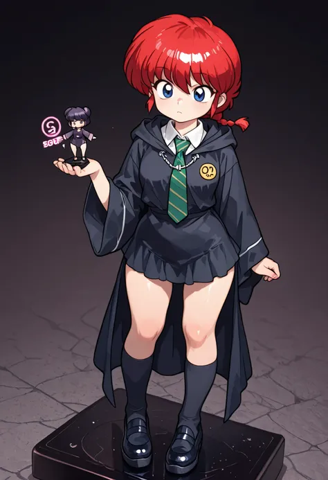 safe_pos, Ranma Saotome. red hair. short hair. blue eyes. small breasts. wide hips. necklace. black eyeliner. pink manicure. |  score_9, score_8_up, score_7_up, faux figurine, nendoroid, full body, figure, platform, solo, Anime, 1girl, masterpiece, best qu...