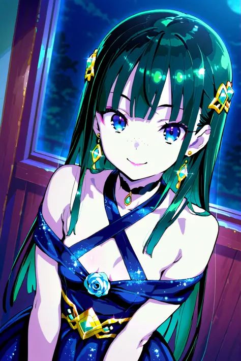 1girl, Mao Mao, solo,  green hair, long hair, blue eyes, Break up your blunt bangs, earrings, gem, freckles, straight hair, hair hanging over shoulders, hair ornament,  makeup, pink eyeliner, rose twin-tail,, small breasts, Pale skin,    dynamic angle, Tak...