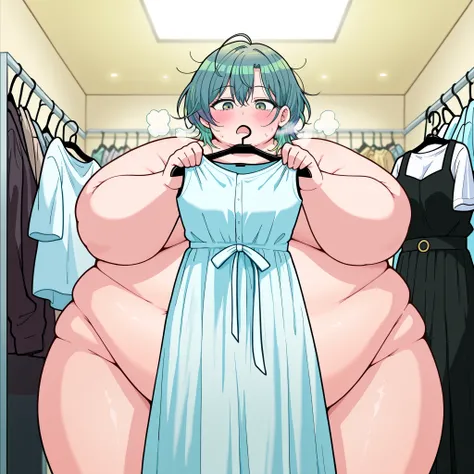 masterpiece, best quality, amazing quality,, 1 girl, solo, , green hair, multicolored hair, green eyes, messy hair, hagakure toru,, mature female, breasts, anime screencap,, holding clothes hanger, clothes hanger, clothes in front, holding, blush, unworn...