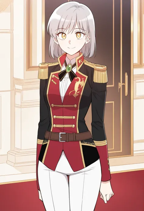 masterpiece, best quality, very detailed, , masterpiece, best quality, eyelashes, (Beautiful Eyes), cowboy shot,, Official webtoon Illustration, Official  artwork, screencap,1girl,soloshort gray hair, shinny golden eyes,military uniform,red and black doubl...