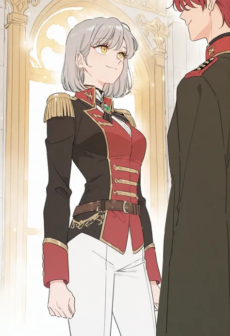 masterpiece, best quality, very detailed, , masterpiece, best quality, eyelashes, (Beautiful Eyes), cowboy shot,, Official webtoon Illustration, Official  artwork, screencap,1girl,soloshort gray hair, shinny golden eyes,military uniform,red and black doubl...