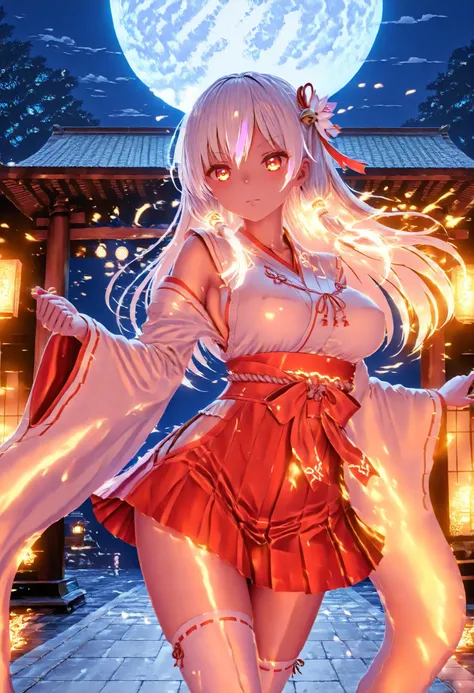 a mystical miko (shrine maiden) with short silver-white hair, slightly childish face, cute but determined expression, dancing gracefully under a bright full moon, wearing a modern battle-style miko outfit with a short skirt and open sleeves, glowing red ma...