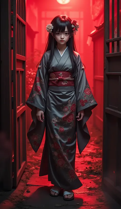 Full Body,cute girl,Japan,illustrations,kimono extremely fine,4K Super Resolution,extreme colors and shadows, atmosphere of fear ,Japanの伝統的な着物を着た美しい少女,black hair and pale skin,in the dark where little light shines in,Paintings processed in vibrant red and ...