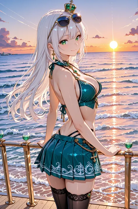 masterpiece, anime artwork, score_9_up, score_8_up, beautiful 20-year-old Japanese woman with elegant anime features, sophisticated ocean breeze smile showing nautical luxury, from an angle capturing yacht deck atmosphere during sunset cruise BREAK (white ...
