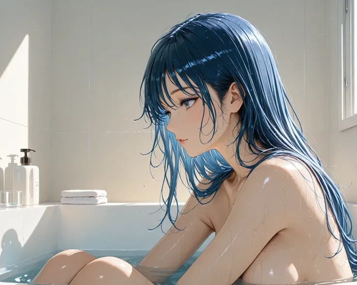 distant view ,front,long hair,blue Hair,model,clear makeup, taking a bath,bathroom,wet hair, soaking wet