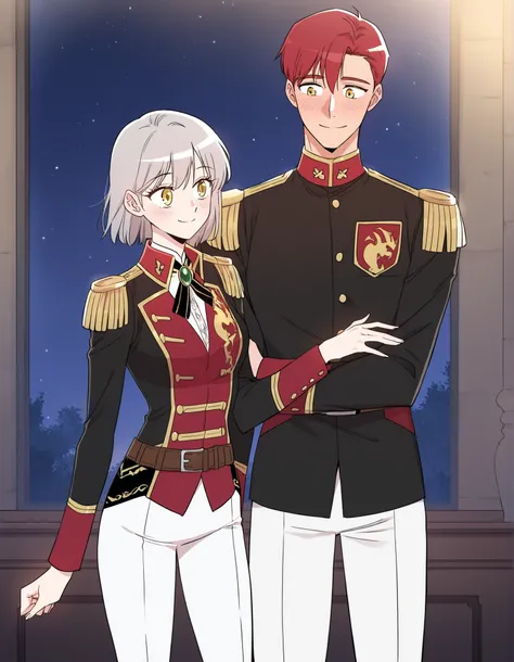 masterpiece, best quality, very detailed, , masterpiece, best quality, eyelashes, (Beautiful Eyes), cowboy shot,, Official webtoon Illustration, Official artwork, screencap,1girl,short gray hair, shinny golden eyes,military uniform,red and black double-bre...