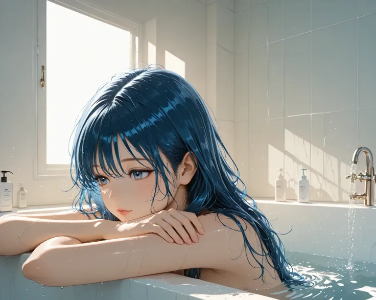 distant view ,front,long hair,blue Hair,model,clear makeup, taking a bath,bathroom,wet hair, soaking wet