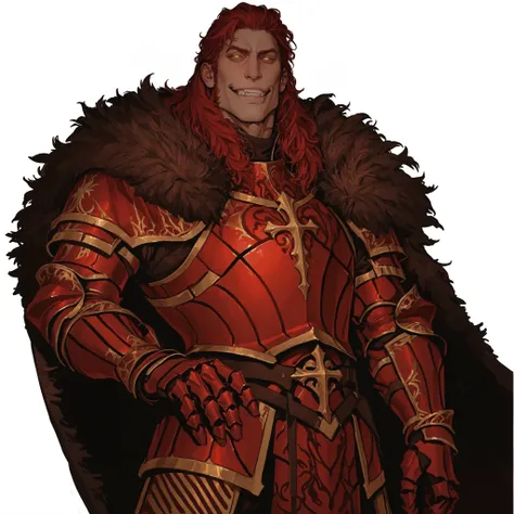 illustration, portrait, image of one male: hunk, handsome noble, knight with smug grin, red hair, heavy jaw, subtle sideburns, shoulder length hairstyle, defined face, detailed gold eyes, glowing yellow eyes. Dressed in red royal armor with gold details. C...