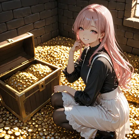 Far view,squatting,(open the treasure box),long hair,pink Hair, model, black shirt, white suspenders ,white skirt, black stockings,clear makeup, grin,in the dungeon