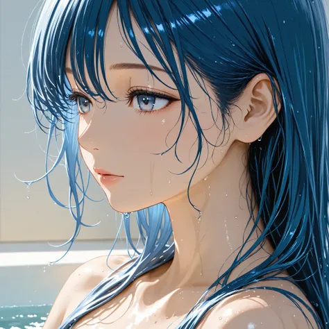 distant view ,front,long hair,blue Hair,model,clear makeup, taking a bath,bathroom,wet hair, soaking wet