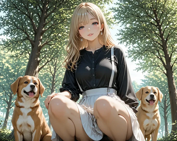 From below ,dog,squatting,long hair,looking viewer,blond Hair, model, black shirt, white suspenders ,white skirt, clear makeup, in the park