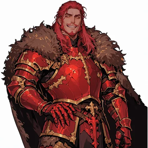 ((illustration)), portrait, 1_male: mature, tall and hunk, handsome, knight, smug grin, red hair, heavy jaw, mutton chops, shoulder length hairstyle, defined face, detailed gold eyes. Dressed in red bone armor with gold details. Fur mantle over shoulders. ...