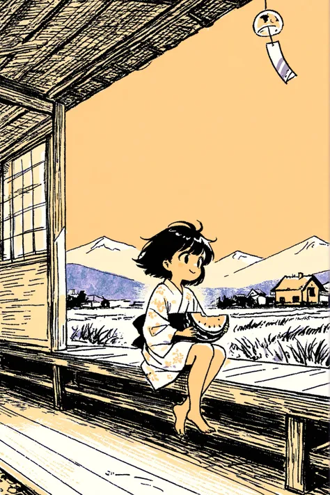 young girl in a floral yukata, short black hair, barefoot, sitting on wooden engawa, holding a slice of watermelon, shy smile, hair slightly tousled by wind, gazing into the distance, sepia tone, soft grain, retro photograph style
photo background:countr...