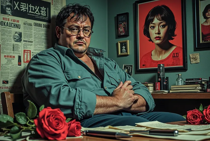 man with glasses, lonely geek, bad complexion, over weight, messy apartment, posters of an actress who resembles Lauren Bacall, John Lennon albums by his record player, dead roses on the floor, unsent fan letters, on the coffee table a coupler long surviva...