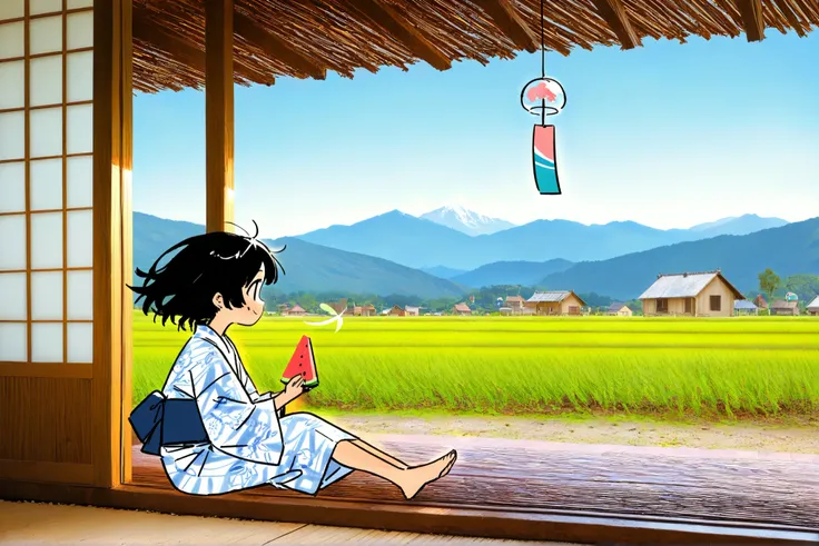young girl in a yukata, short black hair, barefoot, sitting on engawa, holding a slice of watermelon, gentle smile, wind blowing her hair, looking into the distance
photo background:wooden engawa of a countryside house, overlooking lush green rice fields...