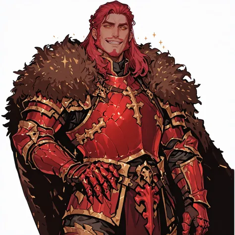 ((illustration)), portrait, 1_male: mature, tall and hunk, handsome, knight, smug grin, red hair, heavy jaw, mutton chops, shoulder length hairstyle, defined face, detailed gold eyes. Dressed in red bone armor with gold details. Fur mantle over shoulders. ...