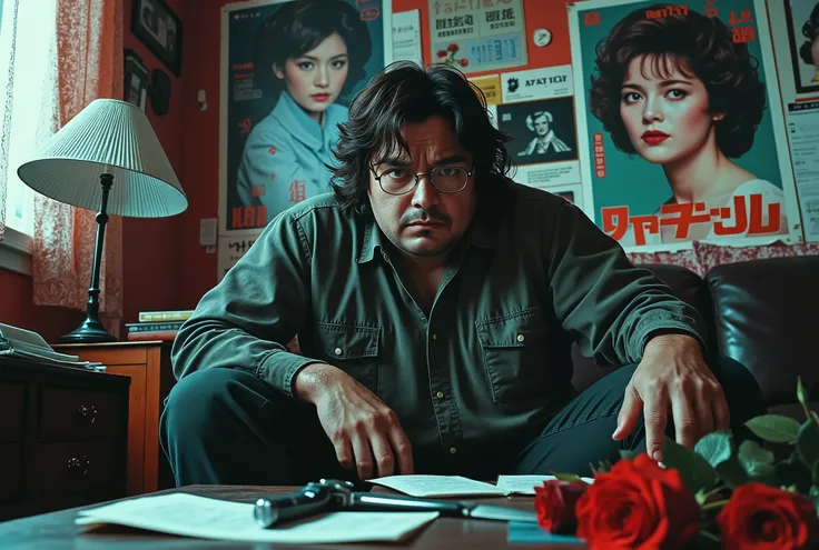 man with glasses, lonely geek, bad complexion, over weight, messy apartment, posters of an actress who resembles Lauren Bacall, John Lennon albums by his record player, dead roses on the floor, unsent fan letters, on the coffee table a coupler long surviva...