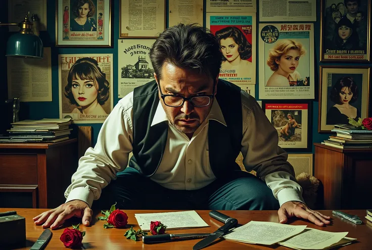man with glasses, lonely geek, bad complexion, over weight, messy apartment, posters of an actress who resembles Lauren Bacall, John Lennon albums by his record player, dead roses on the floor, unsent fan letters, on the coffee table a coupler long surviva...