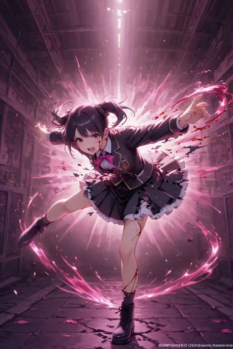 x} An anime high school girl similar to Nakano Yuka, cute face,Low twin tails with black hair raised on one side, brown eyes, Wears traditional uniform with a skirt, Blazers and Jackets, torn clothes,Bleeding,intense expressions, Extend Your Legs with a Qu...