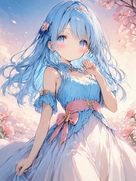 masterpiece, Best Quality, Super Detailed,  with a soft, curious expression ,  with flowing blue hair and big ,  Shining Blue Eyes .  An anime-style scene depicting a girl with long hair , Her expression is soft and inquisitive,、 Looking Back Over My Shoul...