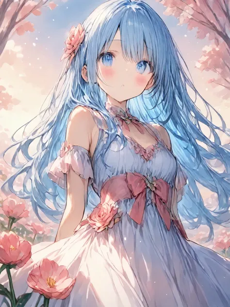 masterpiece, Best Quality, Super Detailed,  with a soft, curious expression ,  with flowing blue hair and big ,  Shining Blue Eyes .  An anime-style scene depicting a girl with long hair , Her expression is soft and inquisitive,、 Looking Back Over My Shoul...