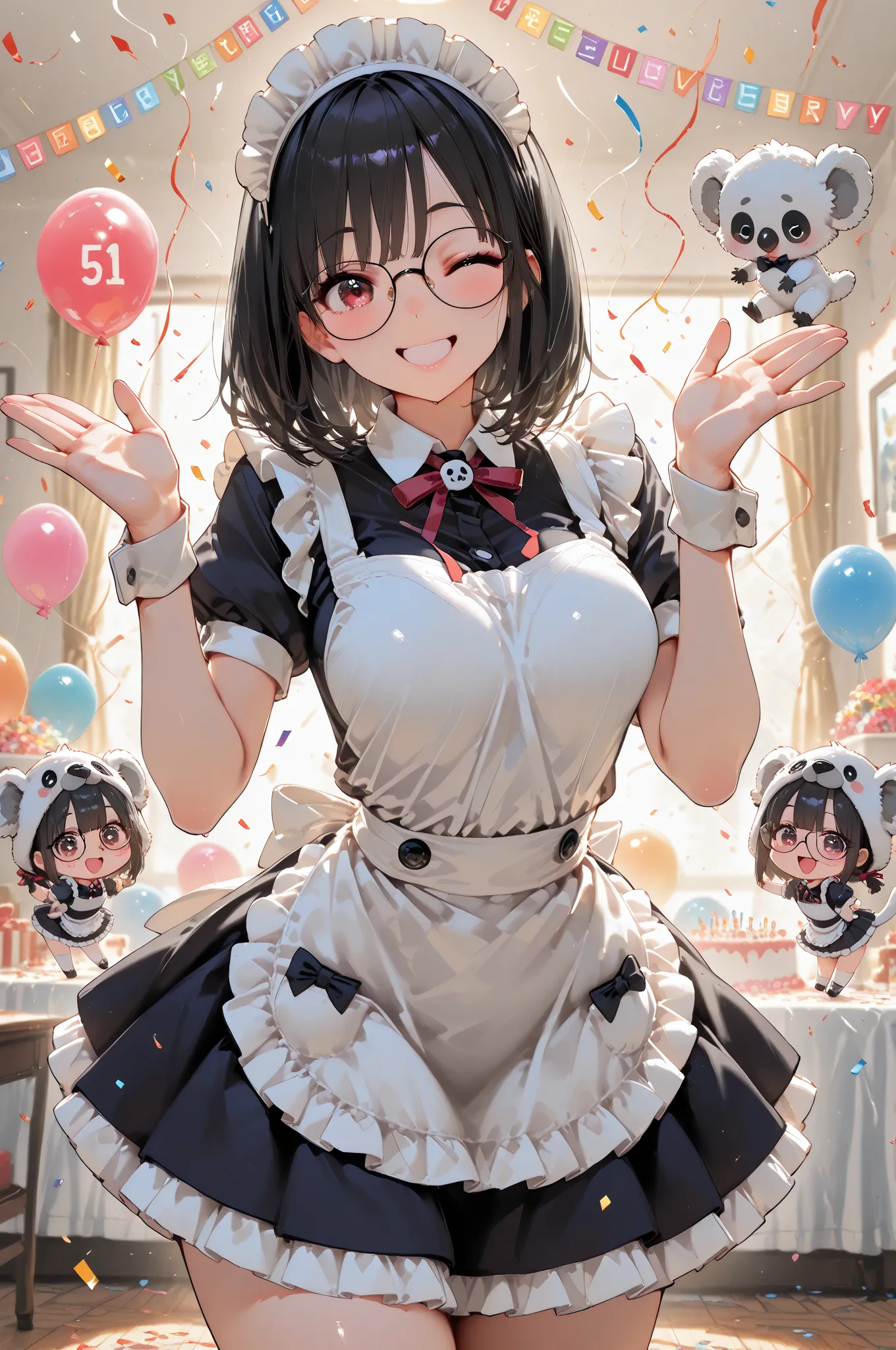 cute anime style illustration of a celebration for one month anniversary in a colorful party room with balloons, confetti and streamers, cheerful atmosphere, group of characters: a cute long black-haired anime girl smiling happily, a sexy woman with glasses giving a playful wink, a girl wearing a fluffy koala costume, a chibi-style white spider with big eyes, and a cheerful maid girl, all together posing and celebrating, warm bright lighting, vibrant color palette, detailed background, masterpiece, joyful and festive mood


