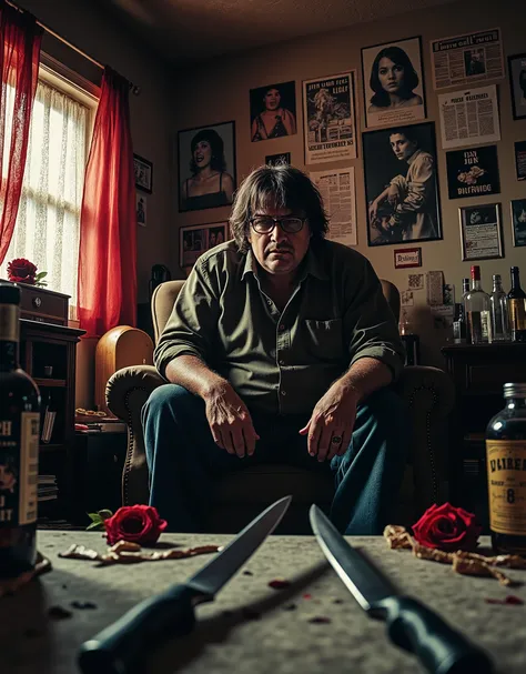 man with glasses, lonely geek, bad complexion, a little over weight , bad hygiene, whiskey bottles, Twinkies, junk food, messy apartment, posters of an actress who resembles Lauren Bacall, John Lennon albums by his record player, dead roses on the floor, u...