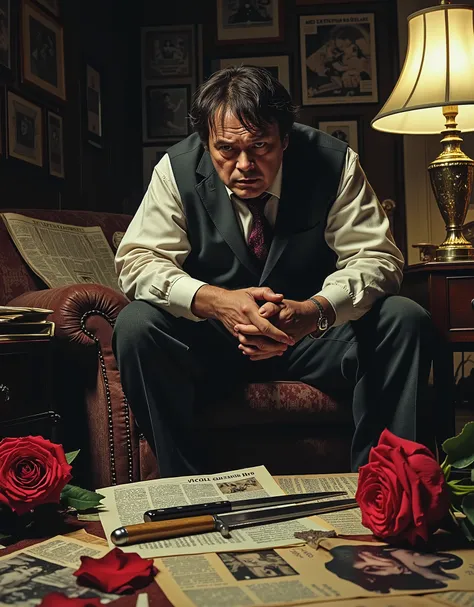 man with glasses, lonely geek, bad complexion, over weight, messy apartment, posters of an actress who resembles Lauren Bacall, John Lennon albums by his record player, Pictures of Bjork, dead roses on the floor, unsent fan letters, on the coffee table a c...