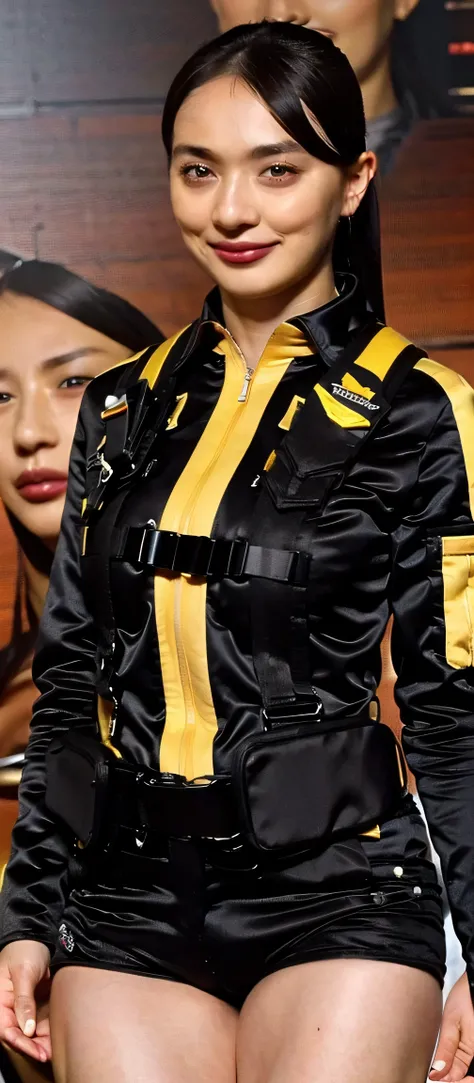 (   very realistic ), ( top quality), ((round,        SMALL AND PRECISE FACE       )),black gloves,black shorts, boots,jacket,shorts, black hair ,big breasts, big breasts, adult woman , Her breasts are so big and plump   .,  ,   The clothes are perfect for...