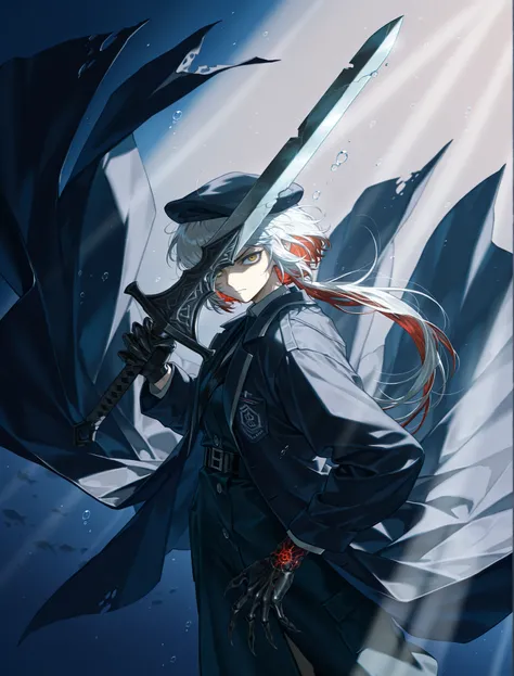 1girl, solo, An close shot of a young woman standing solo at three quarter angle glaring at the viewer, messy and short white hair, red hair, colored inner hair, (broken black coat:1.2), ( Ishmael limbus company:1.1), Outis, Na'vi, underwater, deep ocean h...