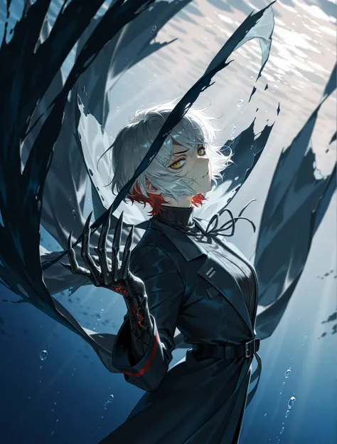 1girl, solo, An close shot of a young woman standing solo at three quarter angle glaring at the viewer, messy and short white hair, red hair, colored inner hair, (broken black coat:1.2), ( Ishmael limbus company:1.1), Outis, Na'vi, underwater, deep ocean h...
