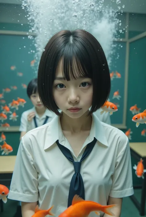 (8k), (best quality), RAW photo, (photo realistic:1.4), very detailed, cute, Very cute Japanese girl, without makeup,(are very thin), ((Straight Bob Cut)) , Her hair is shaking in water , ((floating in water)), school uniform, Underwater school classroom...