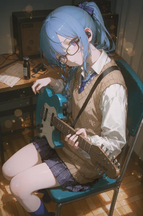 masterpiece,best quality,amazing quality,very aesthetic,high resolution,absurdres,newest,ultra-detailed,1girl,solo,hoshimachi suisei,indoors,studio,dynamic pose,dynamic angle,blue hair,blue eyes,ponytail,expressionless,parted lips,looking at viewer,sitting...