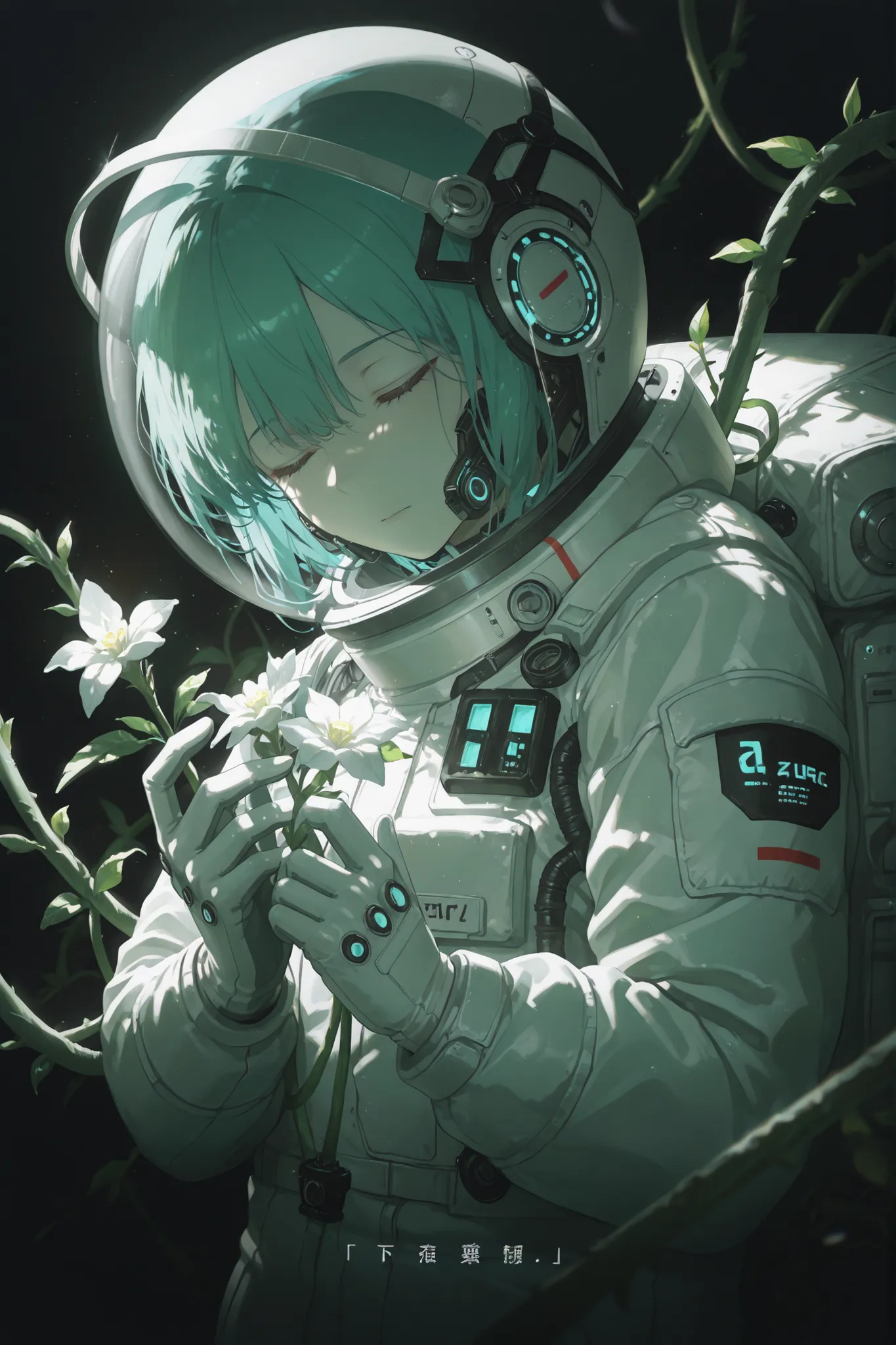 masterpiece,best quality,good quality,very aesthetic,absurdres,newest,8K,depth of field,focused subject,1girl,solo,A highly detailed anime-style illustration of a young astronaut with a transparent space helmet,filled with lush green plants and glowing flo...