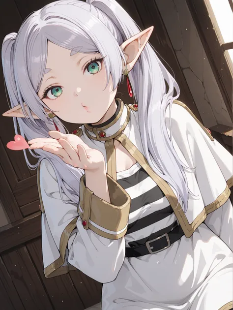 masterpiece,perfect anatomy,high resolution, ultra-detailed,beautiful detailed eyes,dutch angle,absurdres,1girl, solo, frieren, elf, pointy ears, grey hair, long hair, twintails, green eyes, small breasts, earrings, robe, striped shirt, belt, white capelet...