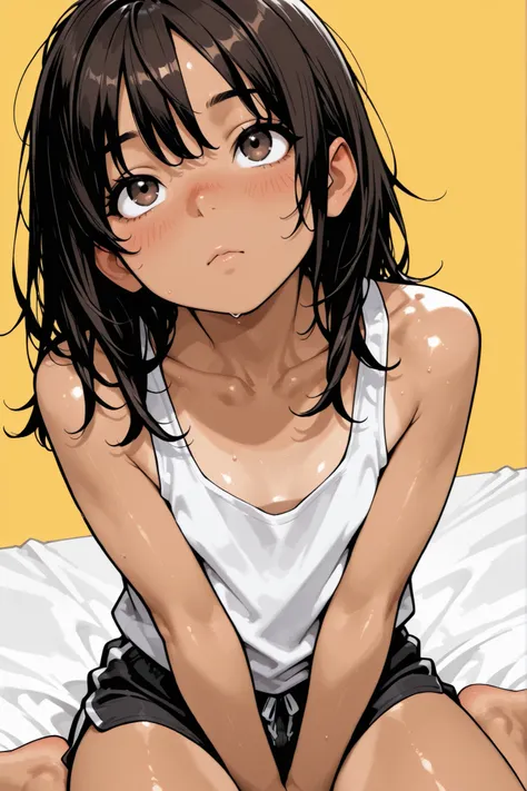 ((1 Boy like a girl)),Super Detailed,absolute resolution,(dynamic angles),(tanned skin:0.3),portrait,((pinup)),close-up,looking up toward viewer,sitting on bed,hands between legs,((oversized white tank top)),untucked tank top,black sports shorts,bare foot,...
