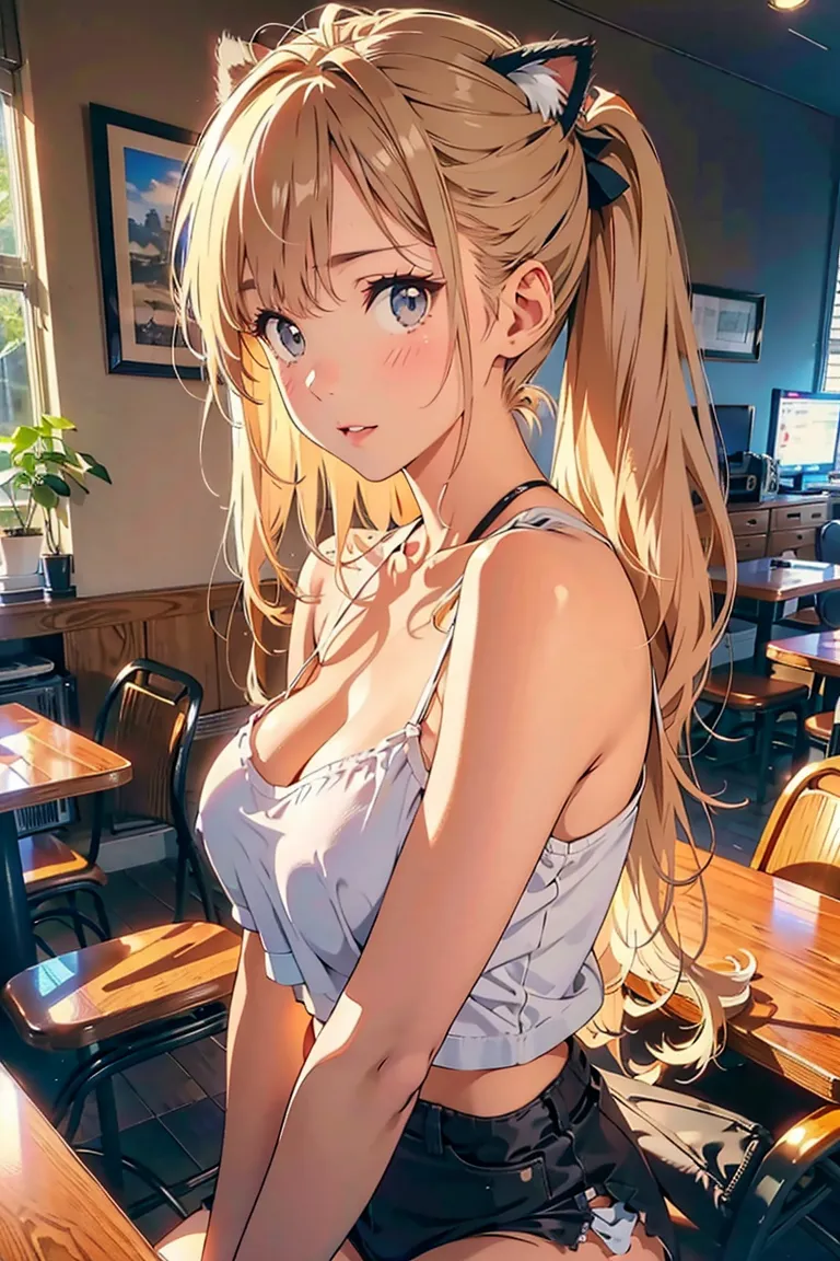 top quality、ultra high resolution、(photorealistic:1.4)、Crisp skin、Realistic Skin Textures、Model Body Type、white skin、1 girl、(  thin hair, black、Faded gray hair:1)、(big breasts:1.2)、Disconnect, viewers、close-up、Upper Body Pictures、tight camisole、white camisole without a gun、silk camisole、bar scenery/neon light bar/Cat ears/cat tail/masterpiece , Best Quality, 1,luna shirakawa, upshorts, look at her pink panties , with the back ,Very loose shorts showing some of the panties, shorts , Staring at Viewers,pale blue highlights on blond hair/zCat earsのミニスカートの女の子, twin tails, sticking out in Kanto style director style