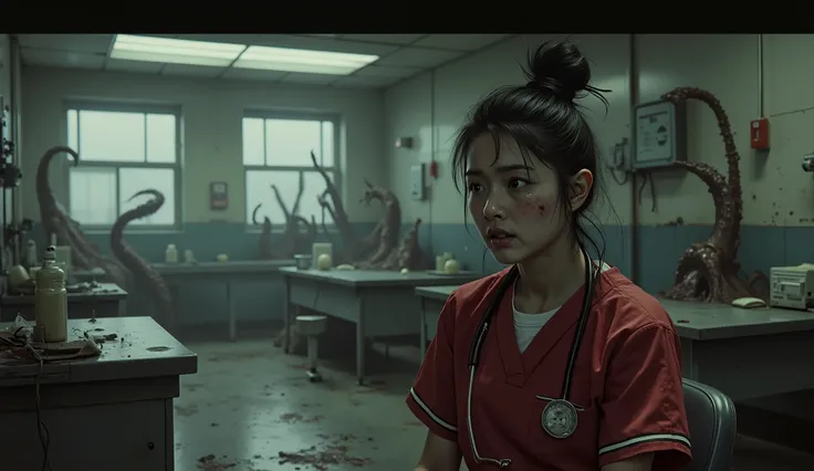 A frightened 20 year old Asian girl, beautiful face, her black hair tied in a bun, she's wearing dark red nursing scrubs and sitting at a nurses station in a dark abandoned hospital, tentacles are coming up behind her in the background as she sits unaware,...