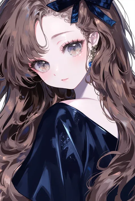 Girl, long brown hair, dark gray eyes, sharp features, white skin, light pink lips, calm, beautiful, perfect, elegant, feminine, classy looking, wearing a dark blue sleeved dress, bright colors, high quality resolution.
