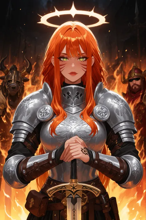 ((apenas)), (guerreira viking   :1.2), Aquecer, Hand on a sword, Beautiful woman with dragon tattoos all over her body,  red and orange hair, fully banged long hair, cabelo desgrenhado, sidelocks, levado, halo, cor dos olhos azuis, olhos brilhantes, seios ...