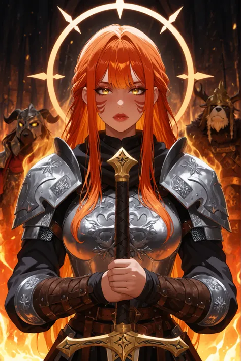 ((apenas)), (guerreira viking   :1.2), Aquecer, Hand on a sword, Beautiful woman with dragon tattoos all over her body,  red and orange hair, fully banged long hair, cabelo desgrenhado, sidelocks, levado, halo, cor dos olhos azuis, olhos brilhantes, seios ...