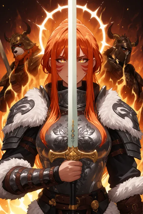 ((apenas)), (guerreira viking   :1.2), Aquecer, Hand on a sword, Beautiful woman with dragon tattoos all over her body,  red and orange hair, fully banged long hair, cabelo desgrenhado, sidelocks, levado, halo, cor dos olhos azuis, olhos brilhantes, seios ...